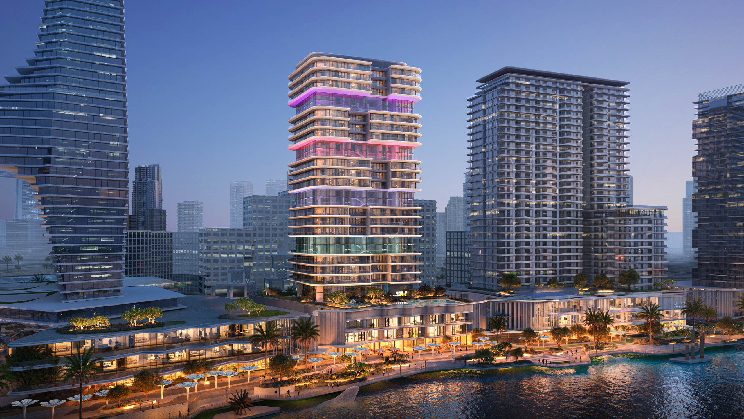 The Artery Residences waterfront towers at dusk, Makers District, Al Reem Island